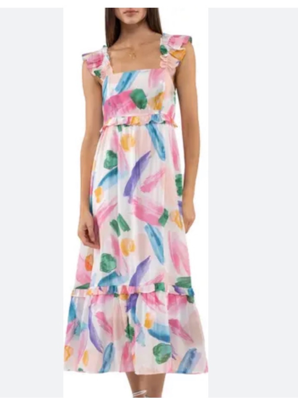 Blu Pepper Pastel Watercolor Ruffle Strap Brush‎ Stroke Ruffle Midi Sundress M